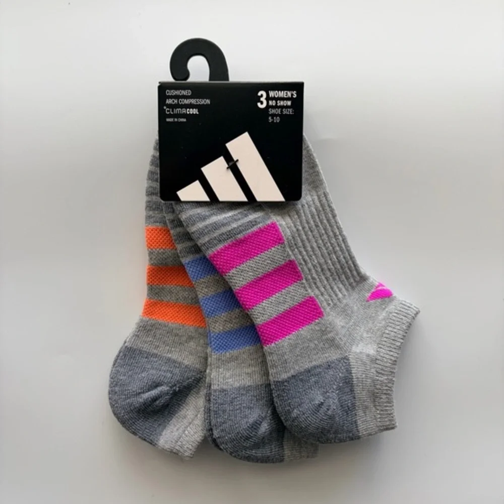 Adidas women’s no show socks 3 pairs size 5-10 gray pink blue orange